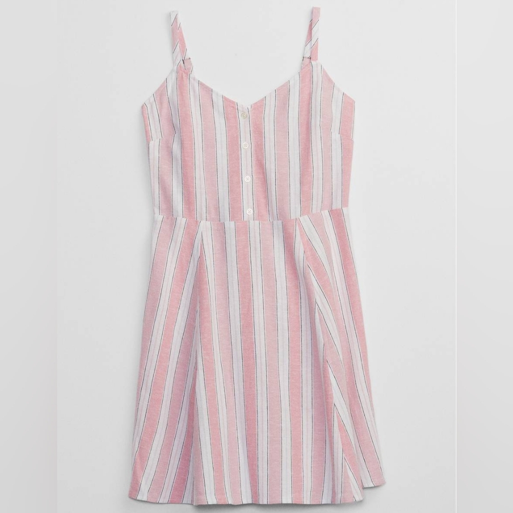 GAP Sleeveless V-Neck Button Front Linen Blend Pink & White Stripe Mini Dress- M - Picture 11 of 13